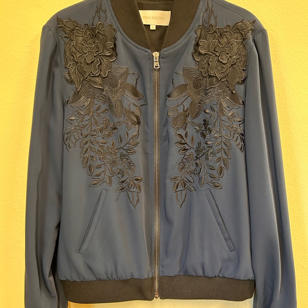 Slate Blue and Gray Bomber Jacket with Floral Appliqué